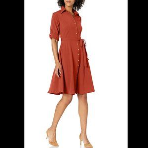 Burnt Orange Women's Button Front Pleated Shirt Dress